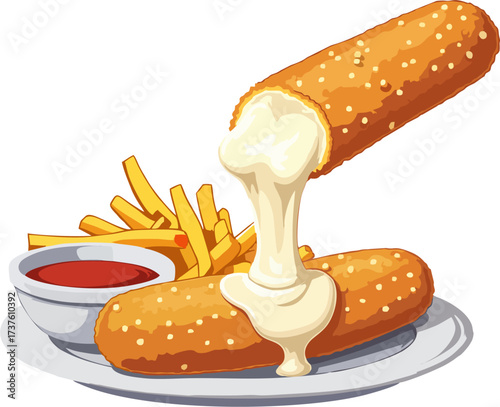 Mozzarella Cheese Sticks with French Fries and Dipping Sauce Vector – Fast Food Snack