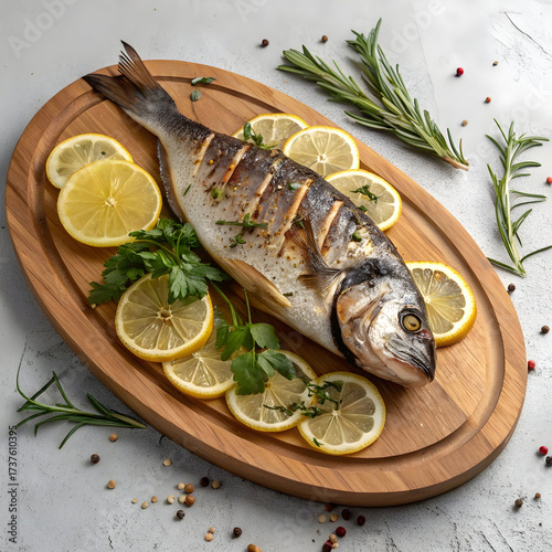 seafood dish with grilled fish lemon slices and