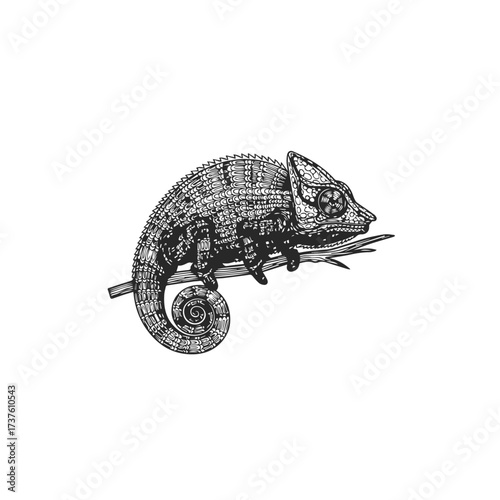 Intricate Black and White Chameleon Illustration on Branch.