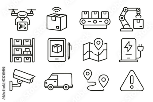 Icon drone vector markers tablet arm security robotic warehouse camera barcode icons