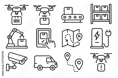 Scanner map robotic van station belt shelves icon warehouse smart route vector