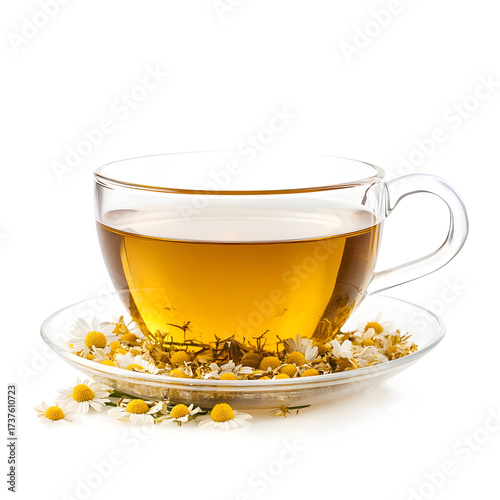 Herbal Chamomile Tea in Glass Cup with Blossoms – Relaxing Drink Concept