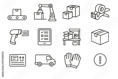 Robotic packing automated vector icon boxes label barcode alert belt inventory notification