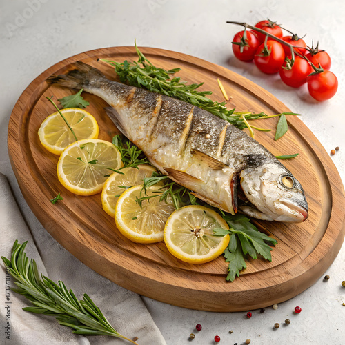 seafood dish with grilled fish lemon slices and