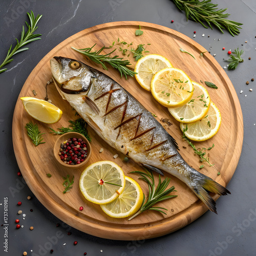 seafood dish with grilled fish lemon slices and