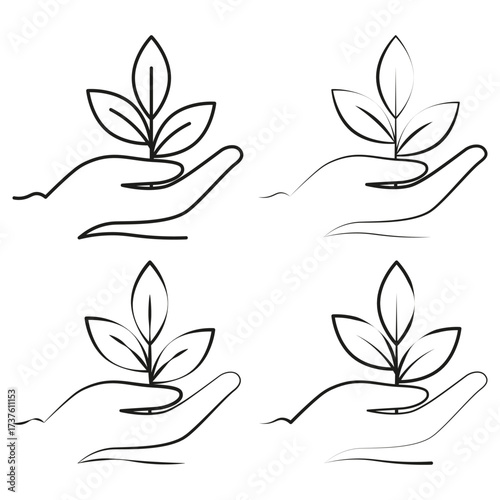 Hand-drawn illustration features a hand gently holding a small plant, symbolizing growth, care, and the importance of environmental sustainability in a minimalist style