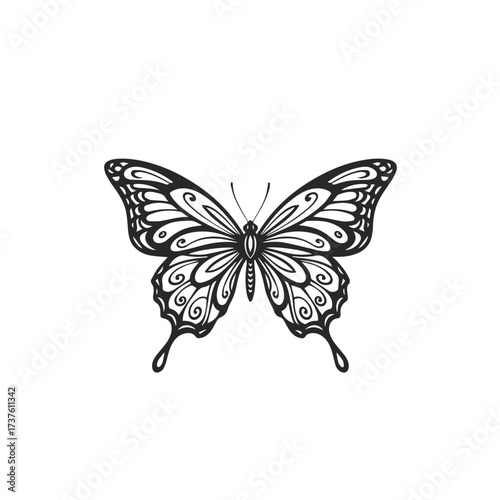 Ornate Black Butterfly Silhouette with Swirling Patterns.