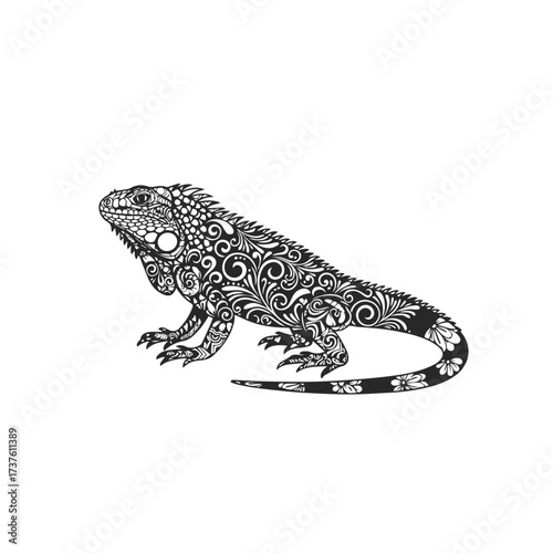 Ornate Black Iguana Silhouette with Floral Patterns.