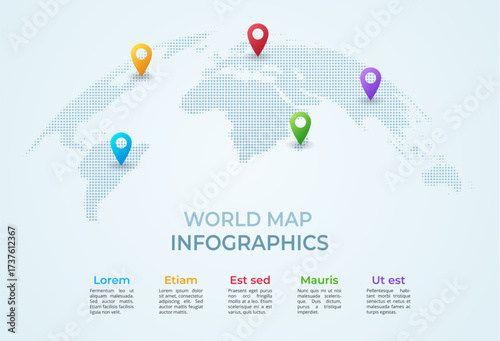World map infographic. Abstract Earth globe with location pointers. International data graph, worldwide diagram, global chart. Vector infographics, business presentation template