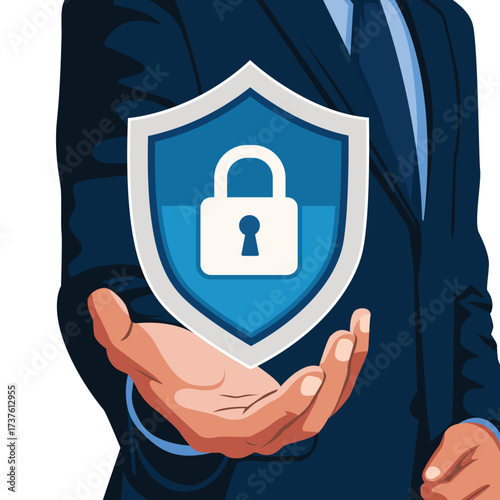 A businessman's hand holds a shield icon representing digital security.