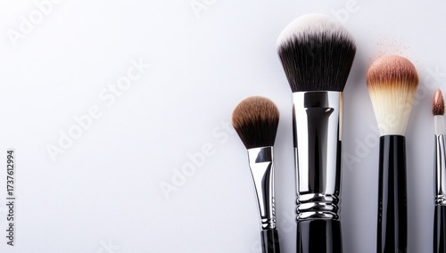 Makeup brushes with white tips on white background, close-up