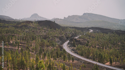 Car Driving on Volcanic Road, Aerial View in Tenerife, Canary Islands