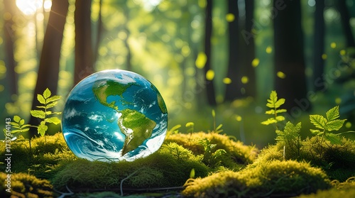 a crystal-clear glass globe resting on a bed of moss in a lush forest