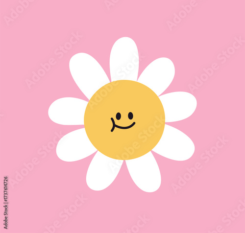 Cute happy daisy flower with funny kawaii face expression, puffed cheek. Positive smiling emoji, floral character, joyful camomile, cheerful playful optimistic mood. Flat vector illustration