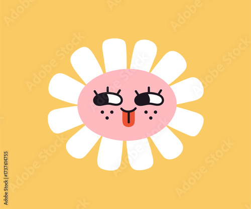 Daisy flower with happy funny sunny face. Playful floral character, positive joyful kawaii summer emoji with cute mischievous comic expression, tongue and freckles. Flat vector illustration