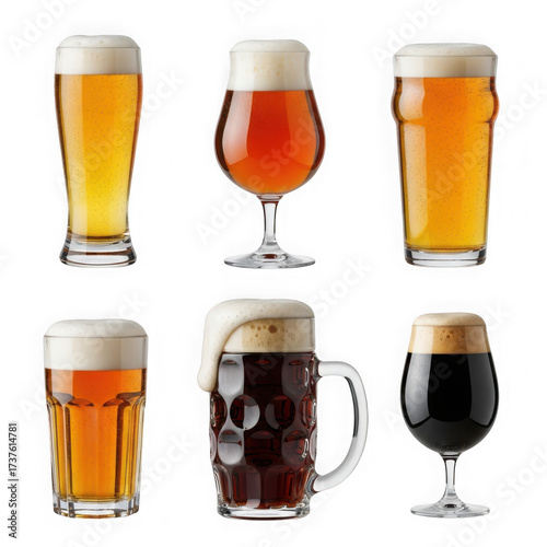 Six different types of beer in glasses and mugs, isolated on transparent background