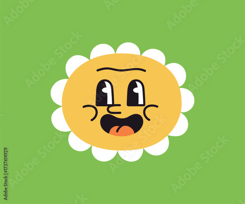 Daisy flower, excited face expression. Cute funny adorable emoji, floral character with petals and happy sunny joyful comic emotion. Positive playful excitement. Flat vector illustration