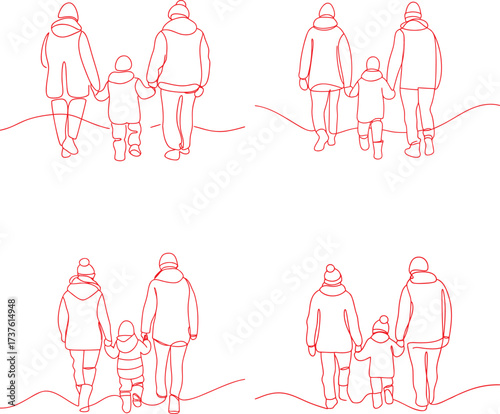 Family walking together in the snow holding hands and Continuous line drawing