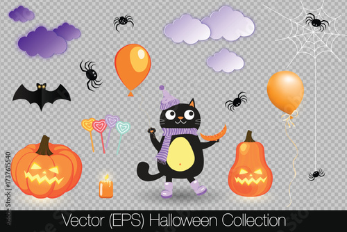 Halloween vector illustration set with festive atmosphere isolated on transparent background, spooky pumpkins, black cat with balloon, bats, creepy spiders, cobweb, clouds, candies and candles