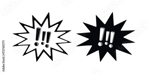 Hand drawn exclamation marks in comic burst speech bubble icons. alert, warning and attention symbols for UI, print and social media