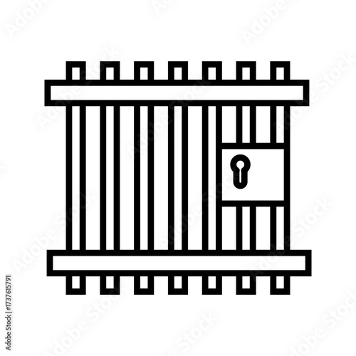 Prison or jail silhouette symbol. Metal cage with bars and lock. Crime justice or punishment icon. Vector black shape isolated on white background.

