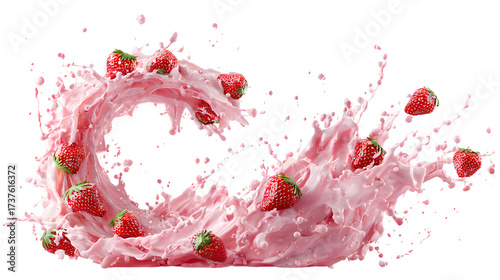 Strawberries splashing into pink liquid isolated on transparent background