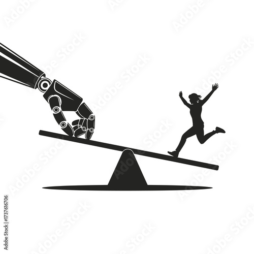 Robot hand on seesaw with running person silhouette