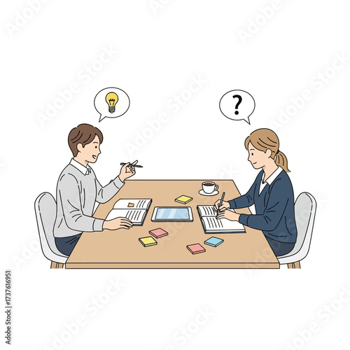 Two people at a table one with an idea the other with a question.