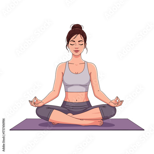 Woman in Lotus Position Meditating on Yoga Mat with Eyes Closed.