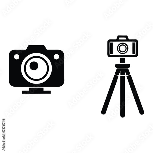 Digital camera and tripod icon set photography videography creative tools 
