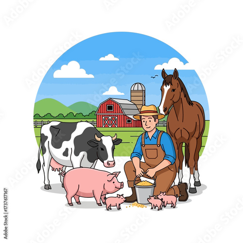 Cartoon farmer feeding livestock cow horse pig piglets wearing overalls and straw hat.