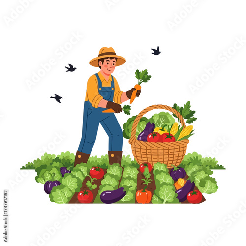 Cartoon farmer harvesting vegetables with basket in garden wearing hat and overalls.