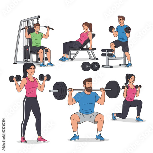Diverse Group Exercising with Weights and Machines in a Gym Setting.