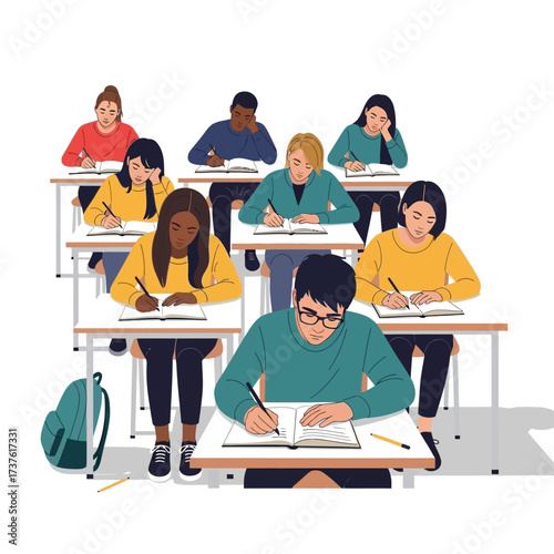 Diverse Students Concentrating on Writing at Desks in a Classroom Setting.