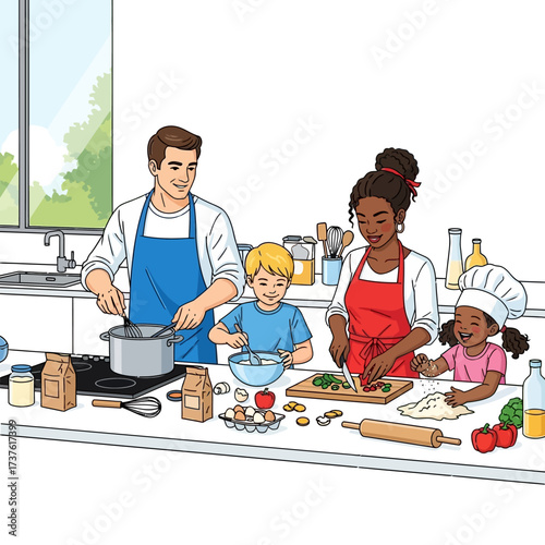 Family Cooking Together Father Mother Son and Daughter Preparing Food in Kitchen.