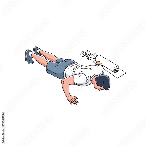 Man Doing PushUps with Dumbbells and Yoga Mat Fitness Illustration.