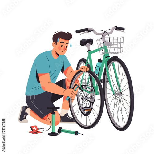 Man kneeling repairing a green bicycle tire with a pump and tools.