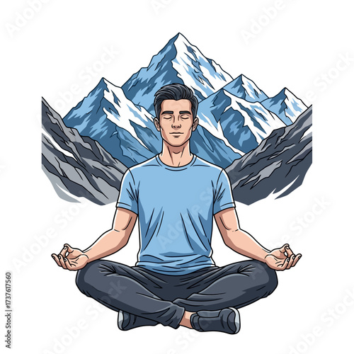Man Meditating in Lotus Pose with Mountain Backdrop Eyes Closed Serene Expression.