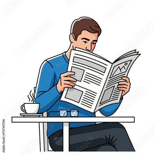 Man Reading Newspaper at Table with Coffee and Glasses.