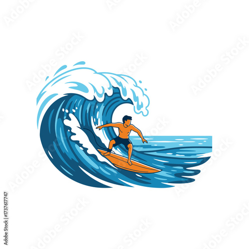 Surfer riding a blue wave on an orange surfboard dynamic action illustration.