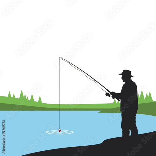 Silhouette of a fisherman casting a fishing rod into the water wearing a hat.