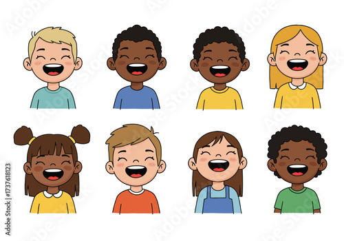 Diverse Group of Cartoon Children Laughing with Joyful Expressions.