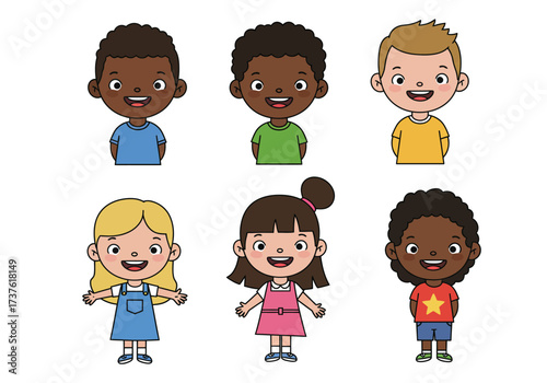 Diverse Group of Cartoon Children Smiling with Various Skin Tones and Hair Styles.