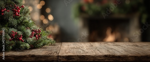 Rustic wooden table with Christmas decor, blurry background, and cozy fireplace glow