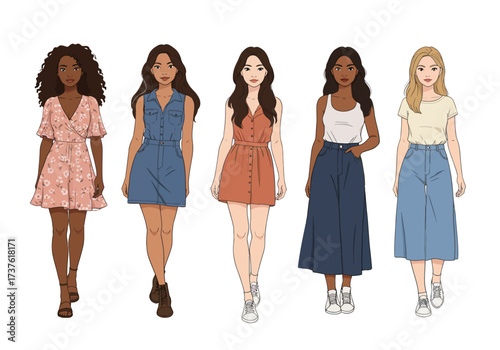 Diverse Group of Fashionable Women in Stylish Casual Outfits Walking Forward.