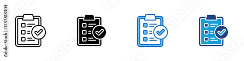 Task Complete Multiple Style Icon Design Vector - Checklist clipboard with a large check mark, symbolizing completed tasks or approval