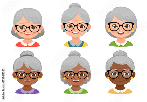 Diverse Set of Cartoon Grandmothers with Gray Hair and Glasses.