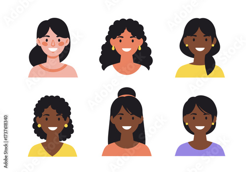 Diverse Women Portraits Smiling Faces with Varied Hairstyles and Skin Tones.