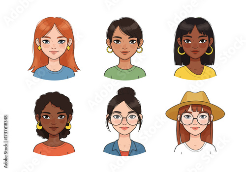 Diverse Women Cartoon Portraits with Varied Hairstyles Skin Tones and Accessories.