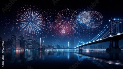 New year celebration fireworks over new york city skyline at night vibrant water reflections festive atmosphere dazzling view